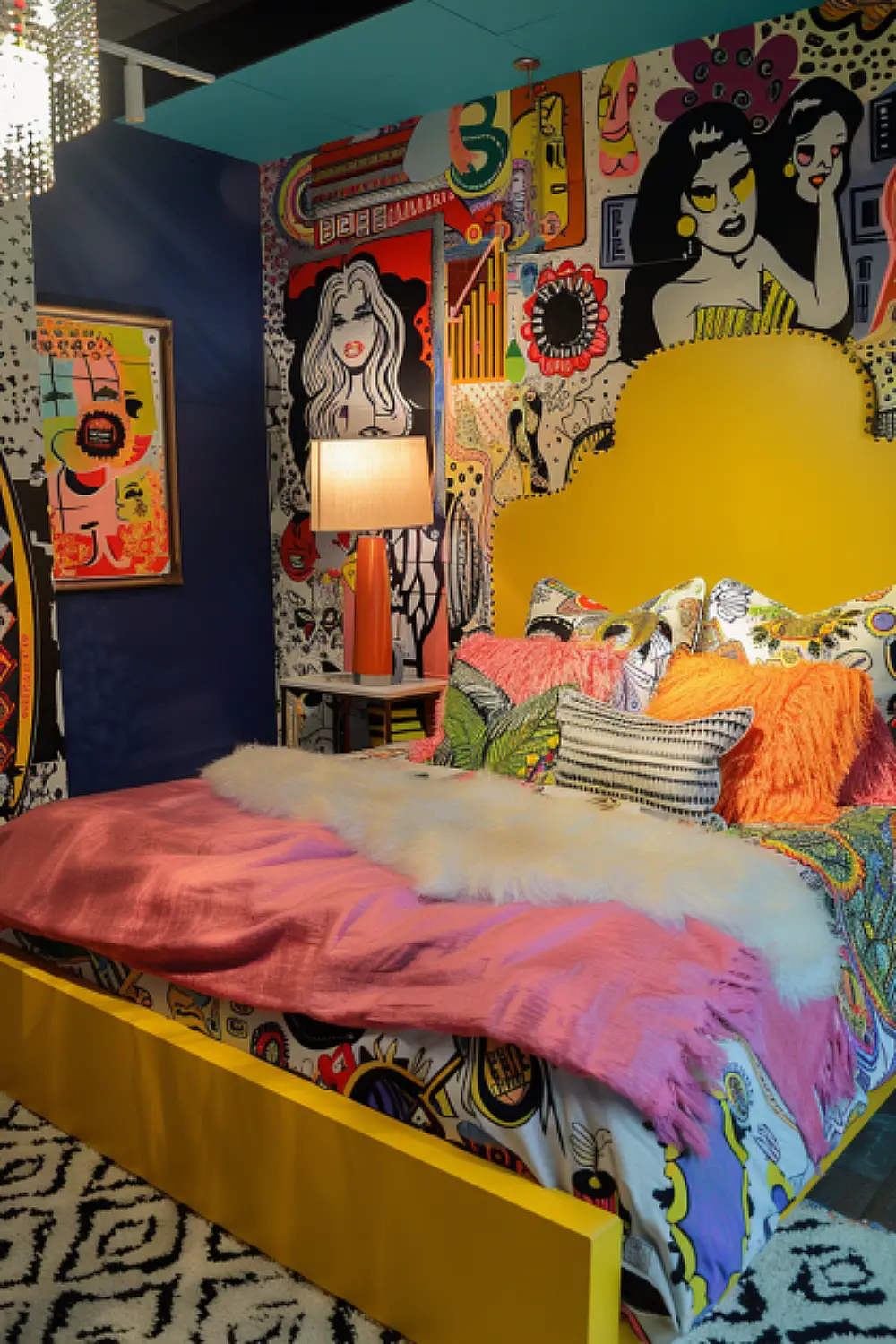 Pop art wallpaper in a playful boho bedroom