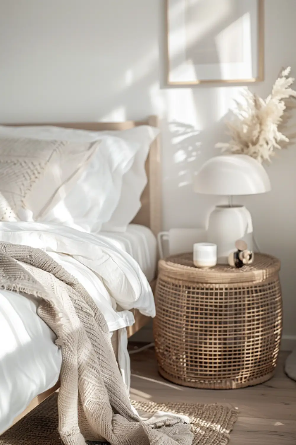 Bedroom with rattan side storage table
