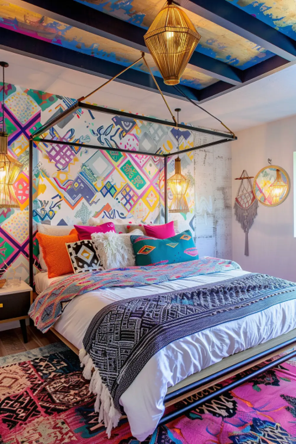 Retro boho bedroom with geometric lights and vibrant patterns