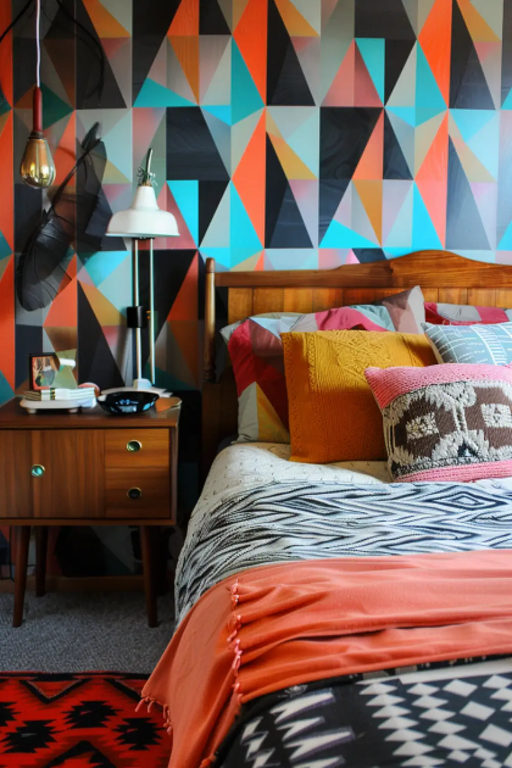 Retro geometric wallpaper in a funky boho bedroom
