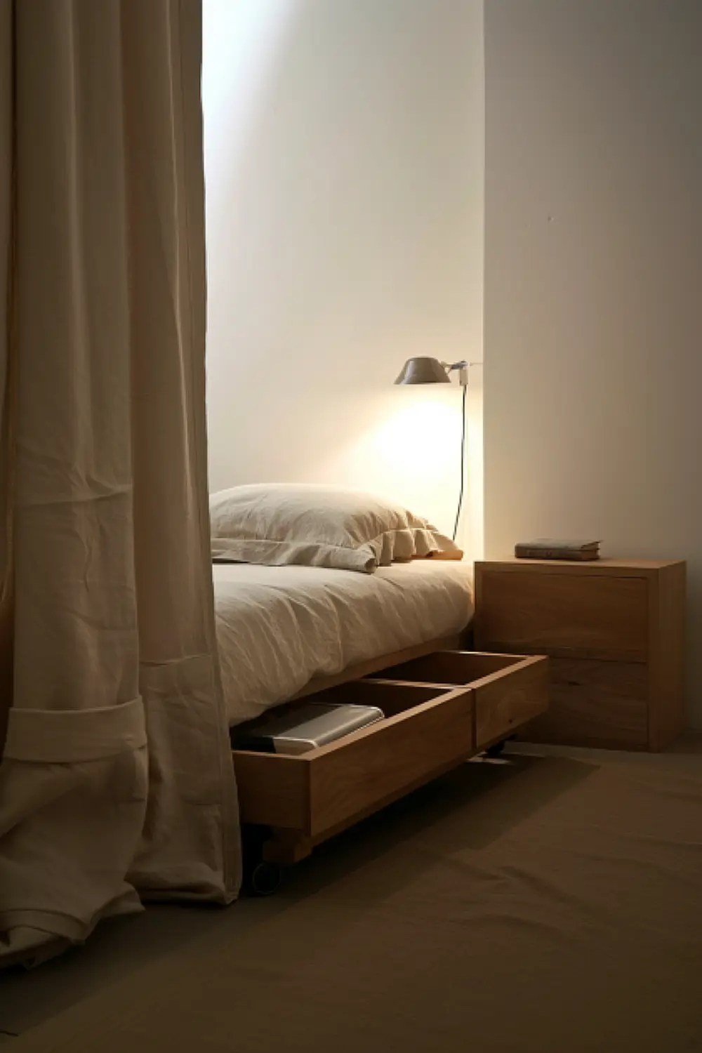 Bedroom with under-bed rolling drawers