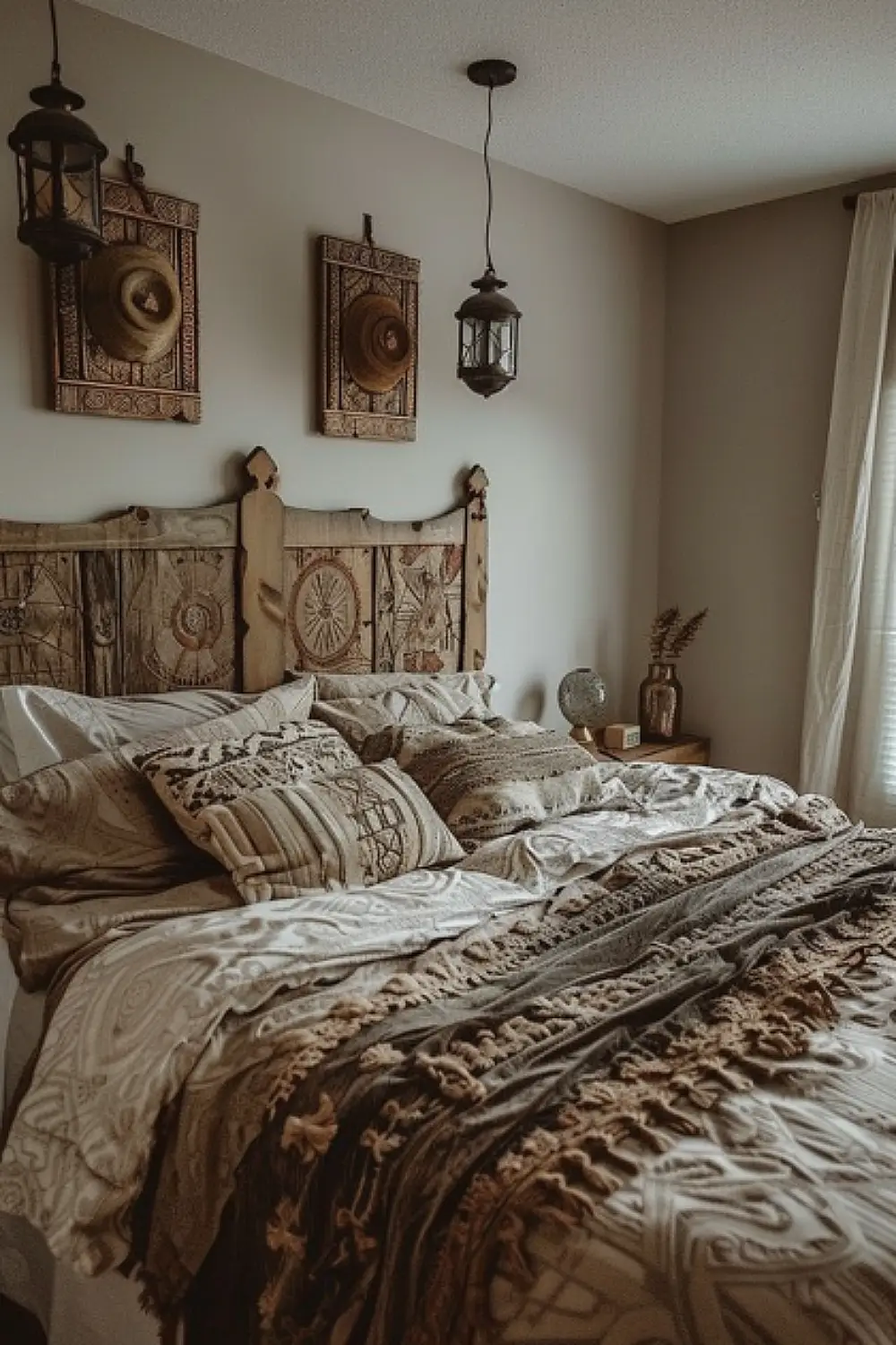 Rustic boho bedroom with hanging lanterns and wooden headboard
