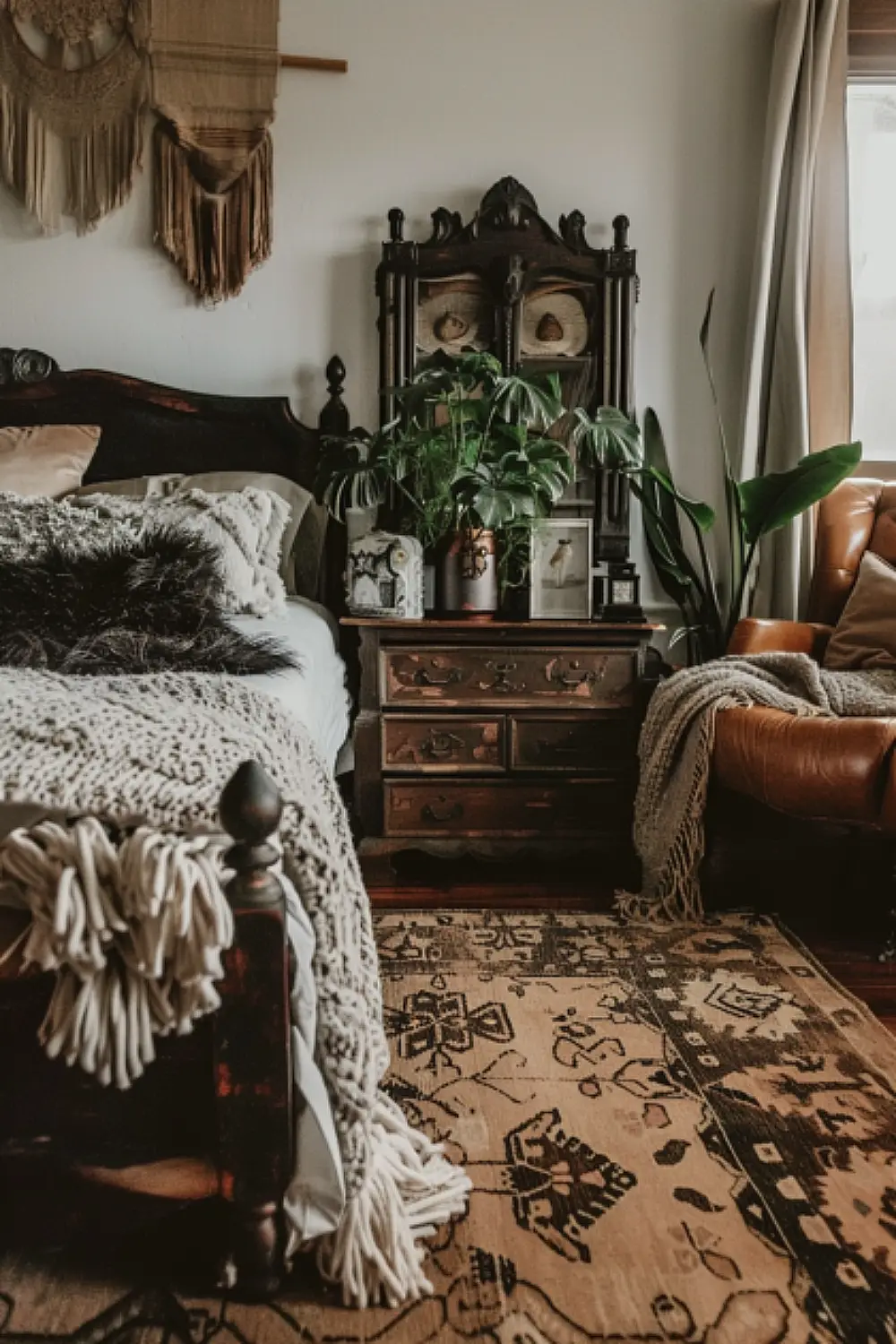 Rustic boho bedroom with suede area rug