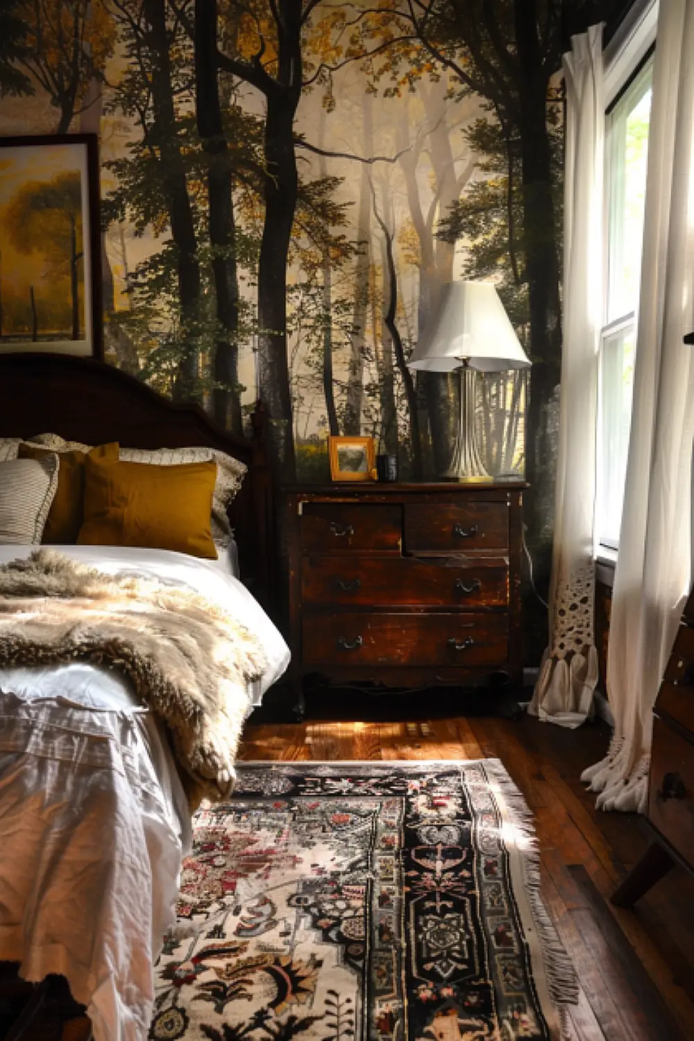 Woodland print wallpaper in a rustic boho bedroom