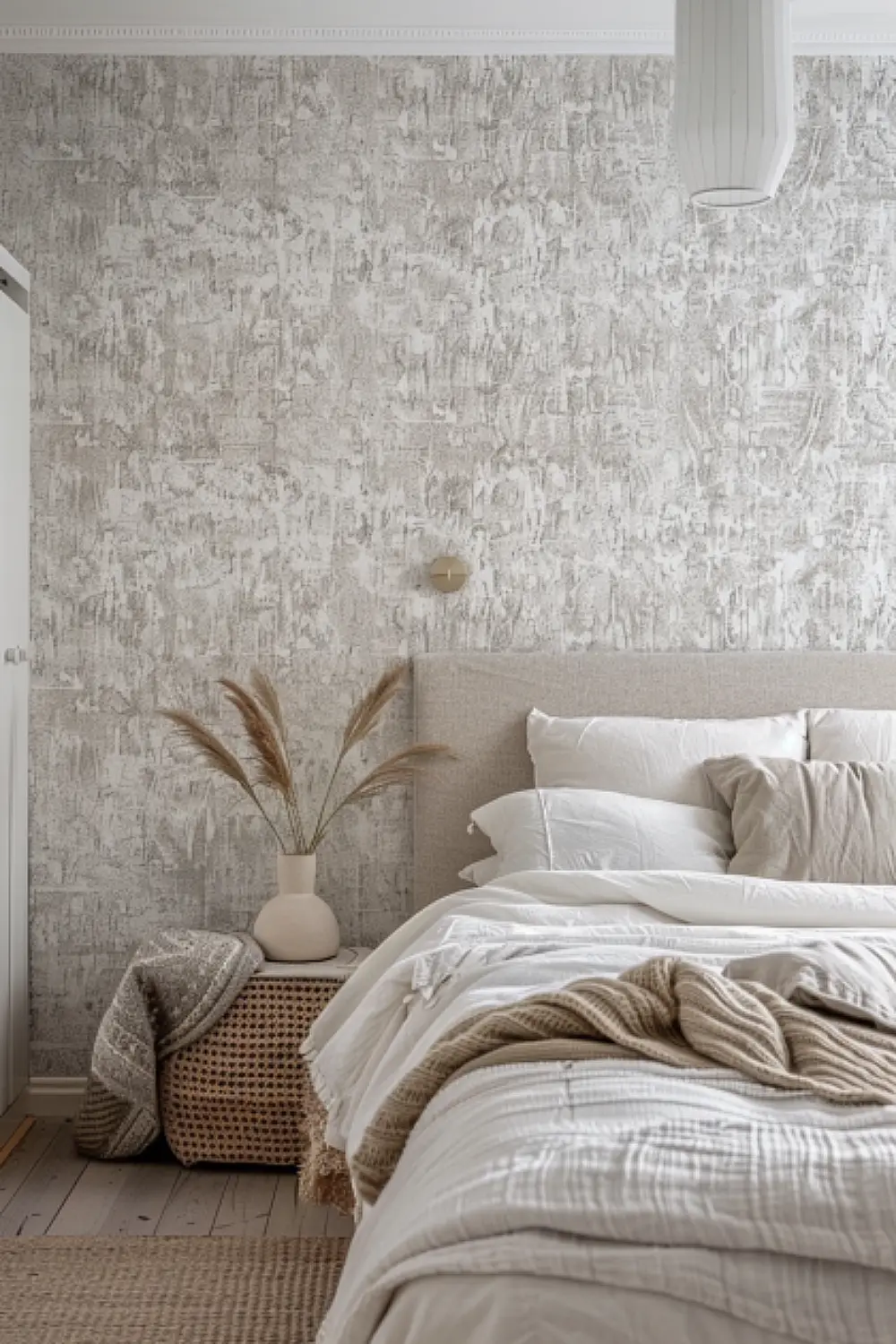 Scandinavian minimalist wallpaper in a modern boho bedroom