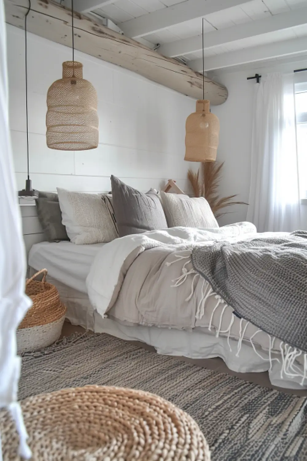 Scandinavian boho bedroom with minimalist lights and natural tones