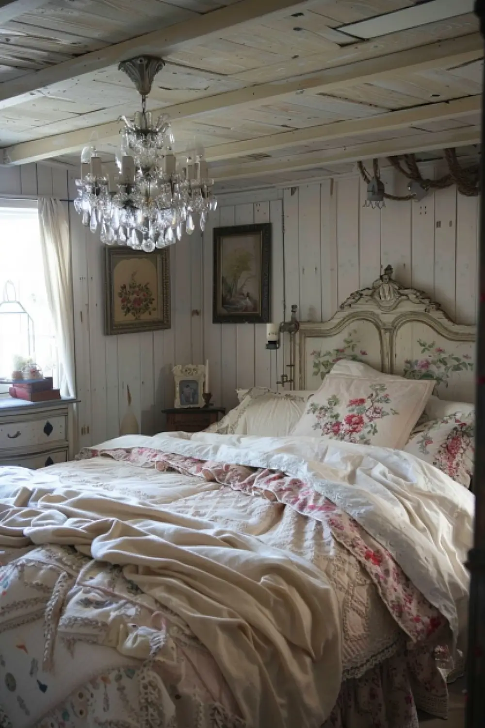 Shabby chic boho bedroom with crystal chandeliers and floral bedding