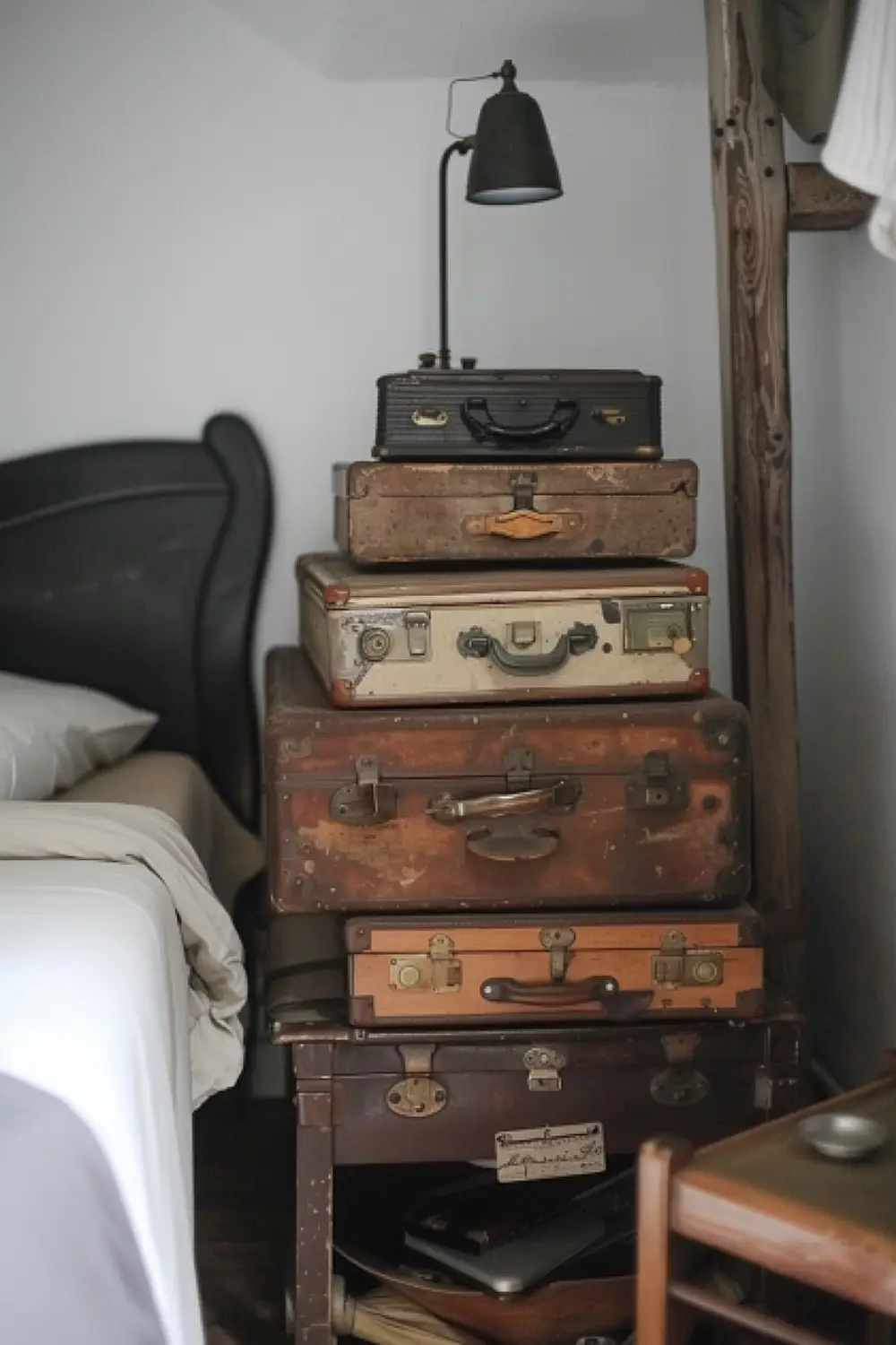 Bedroom with vintage suitcase stack as storage