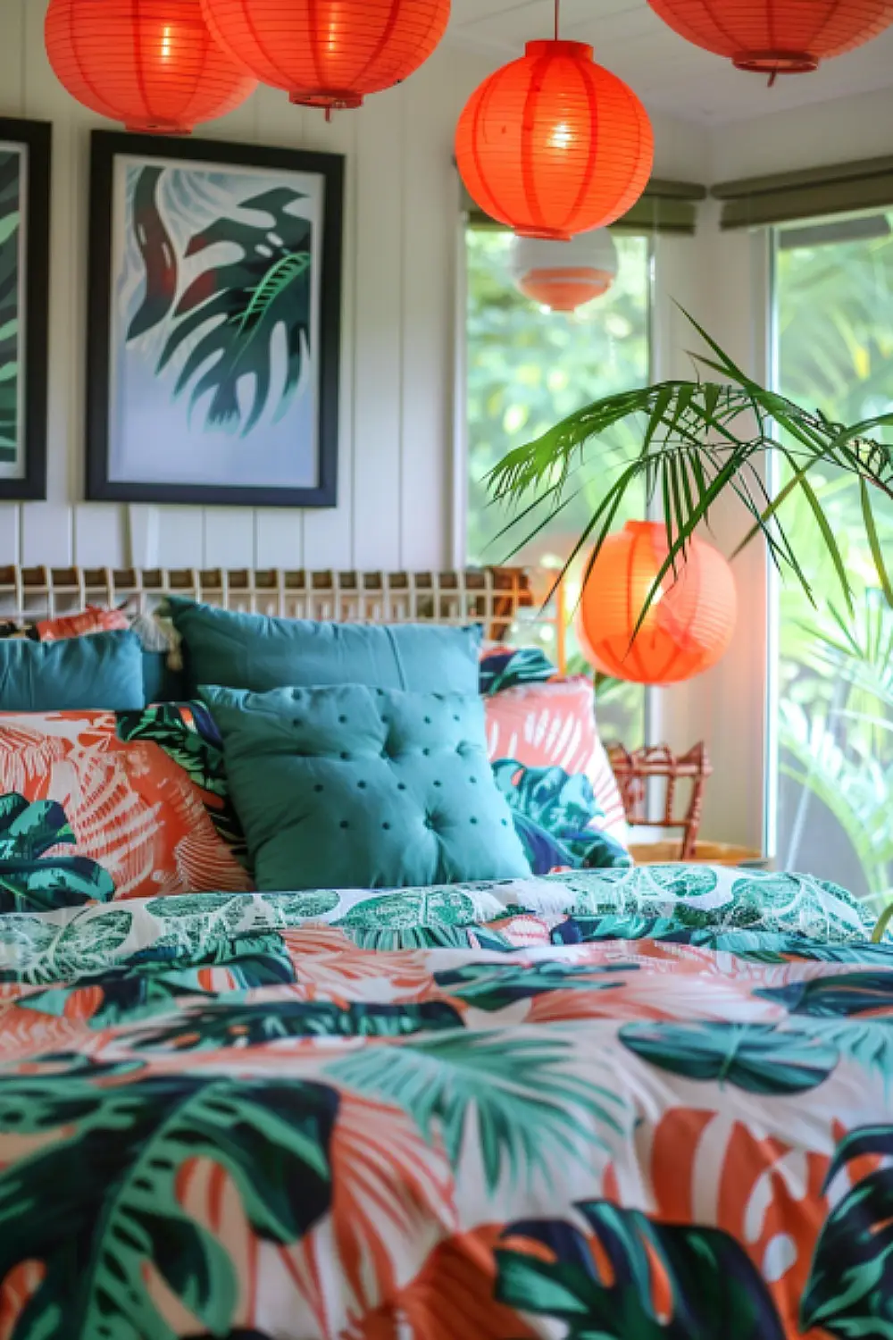 Tropical boho bedroom with paper lanterns and leaf-patterned bedding