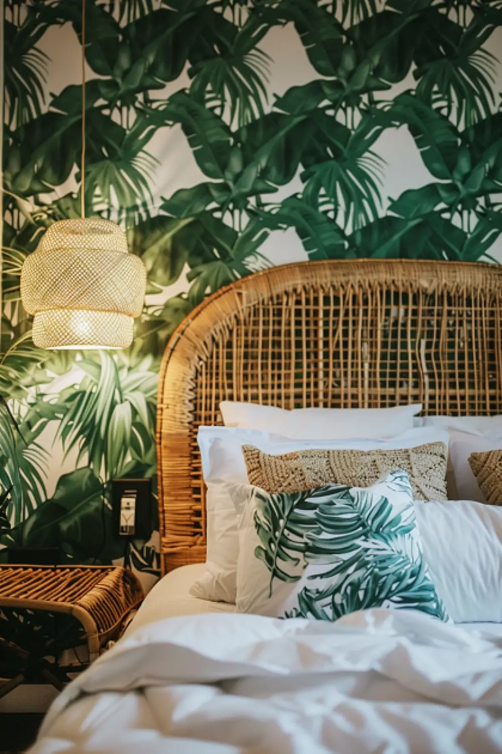 Tropical leaf pattern wallpaper in a boho bedroom