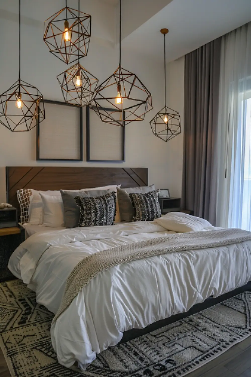 Urban boho chic bedroom with geometric pendant lights and minimalist decor