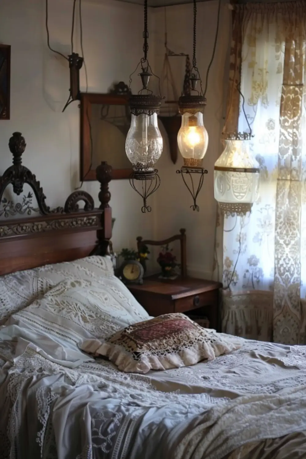 Vintage boho bedroom with glass lanterns and lace bedding