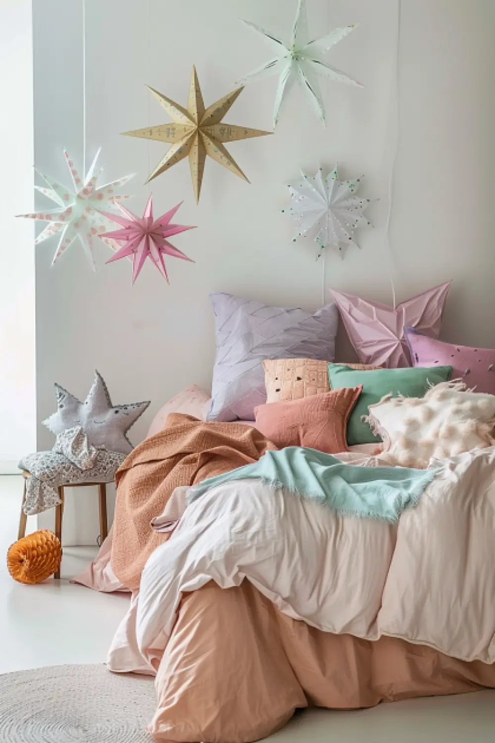 Whimsical boho bedroom with paper star lights and pastel shades
