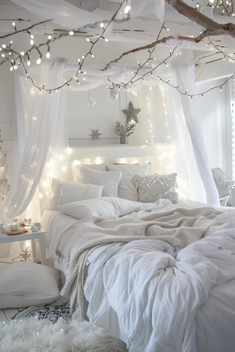 Winter wonderland-themed boho bedroom with icicle lights and white decor