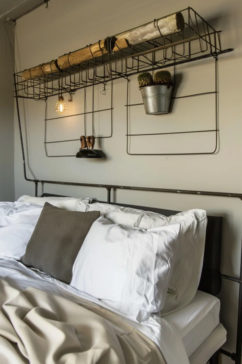 Bedroom with wire basket wall storage