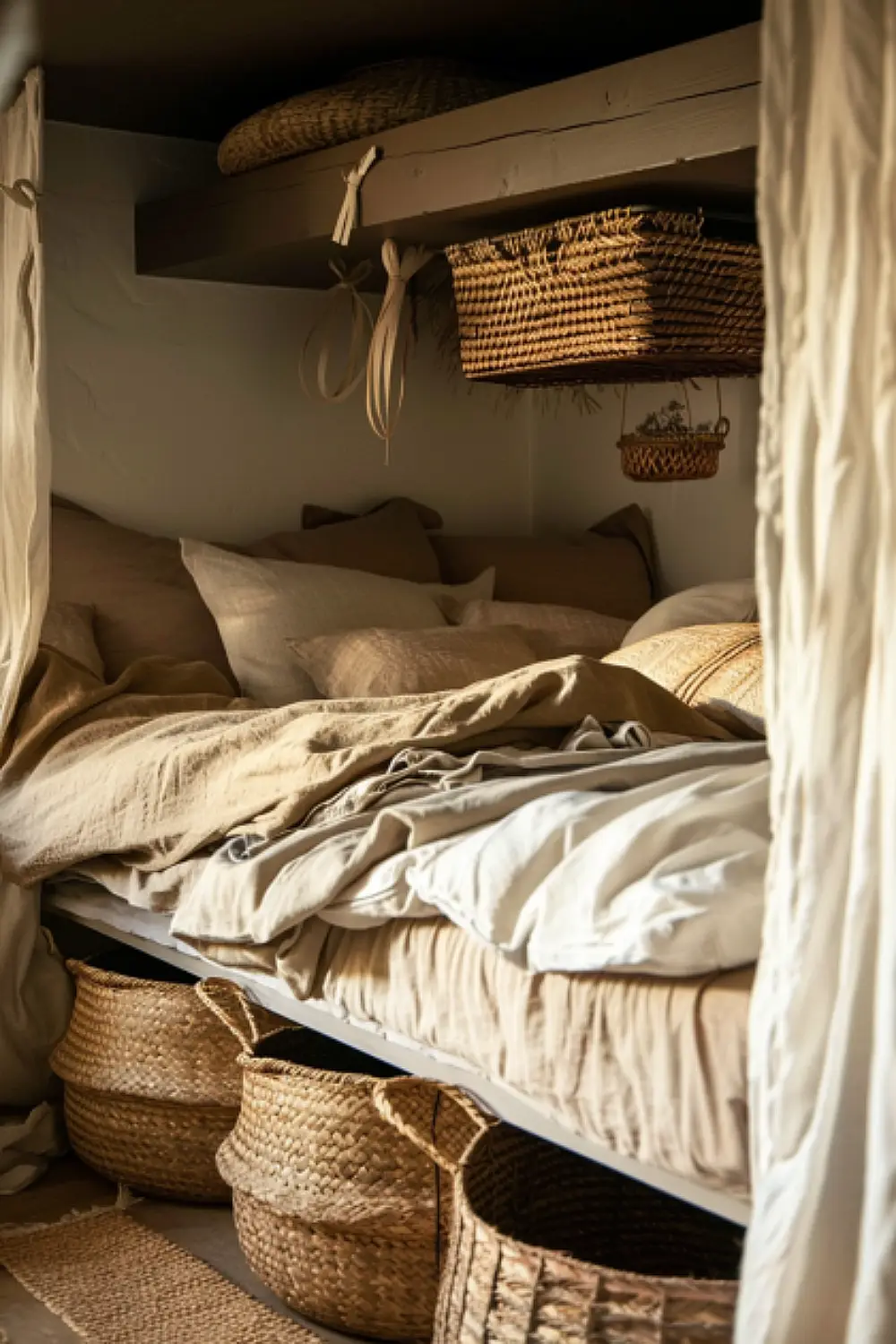 Bedroom with woven baskets for under-bed storage