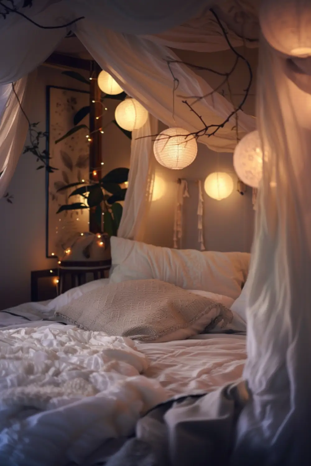 Zen boho bedroom with paper globe lights and soothing colors