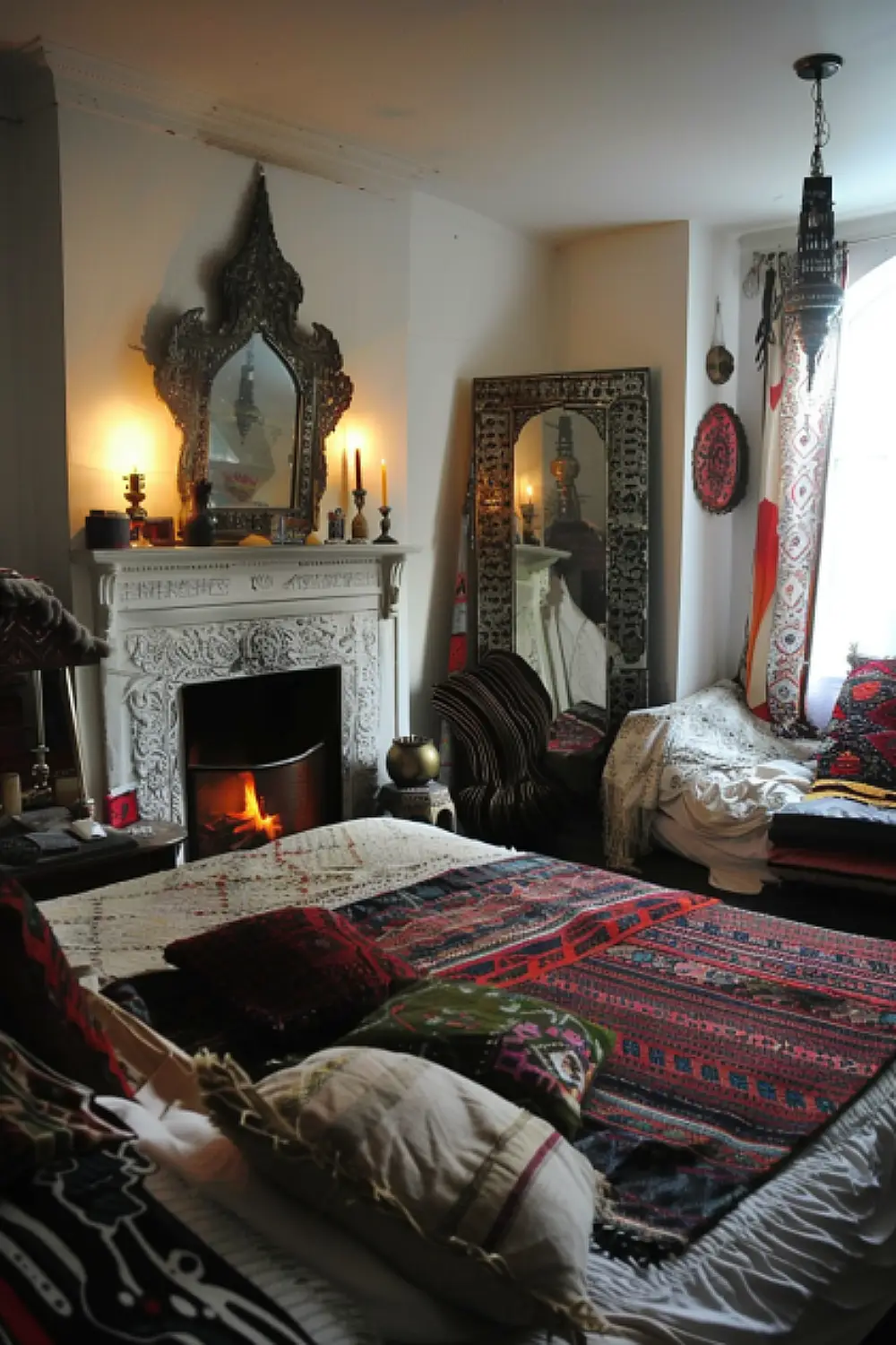 Boho bedroom with a mirror over the fireplace