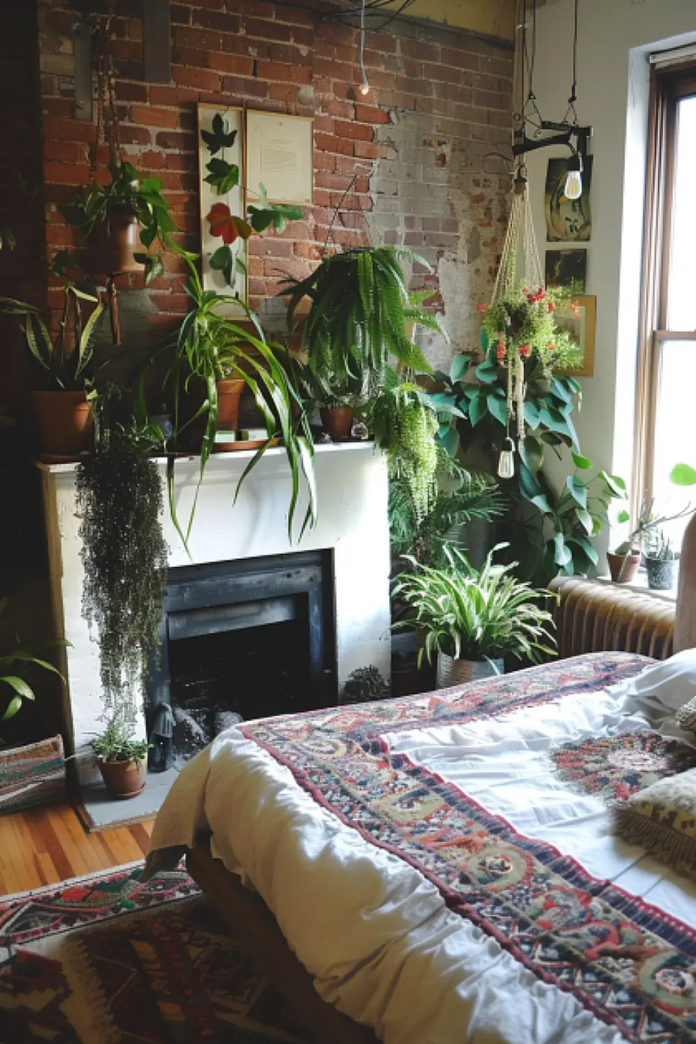Fireplace surrounded by greenery in boho bedroom