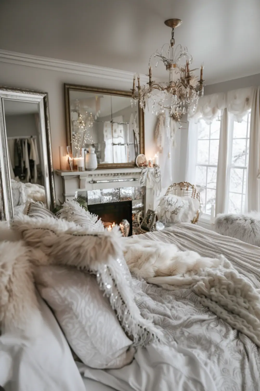 Glamorous mirrored fireplace in boho bedroom