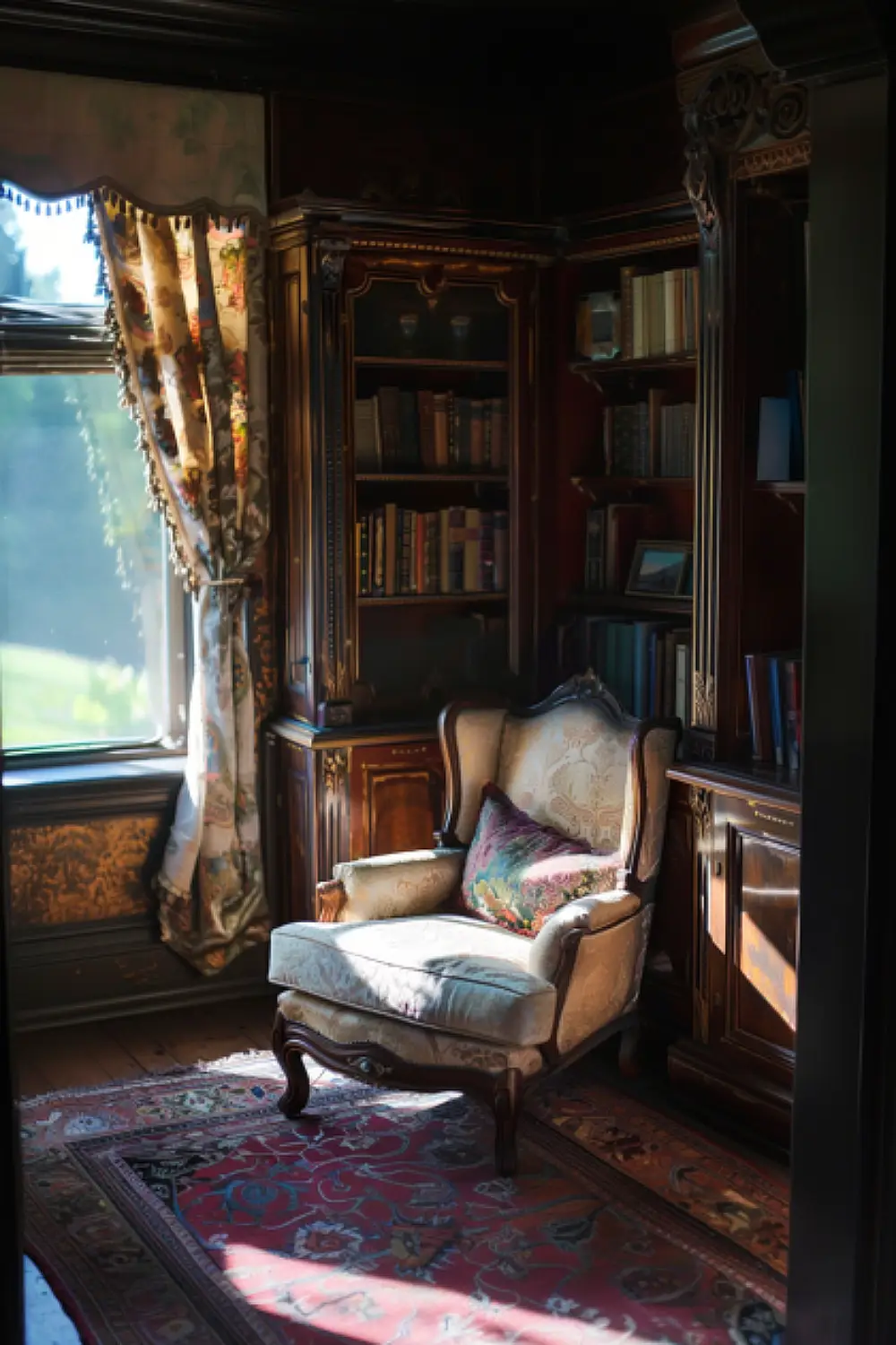 Antique elegant boho reading nook with heirloom furniture