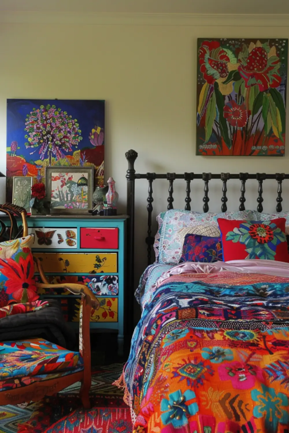 Artsy boho reading nook with vibrant artwork and funky furniture
