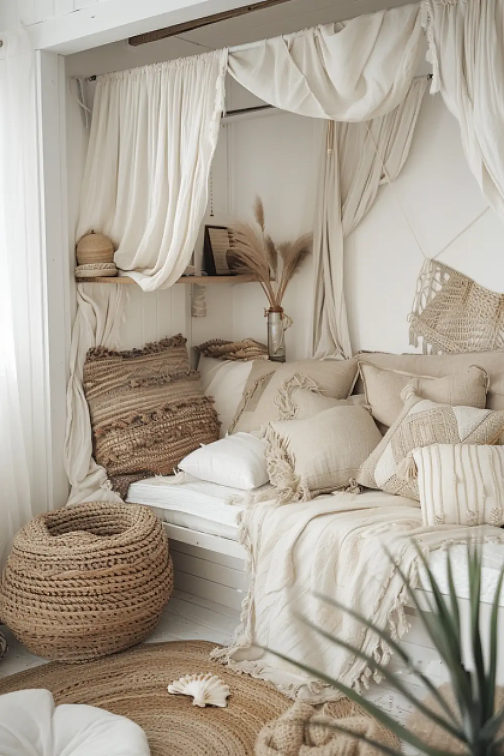Beachy boho reading nook with sand-colored textiles and seashell decor