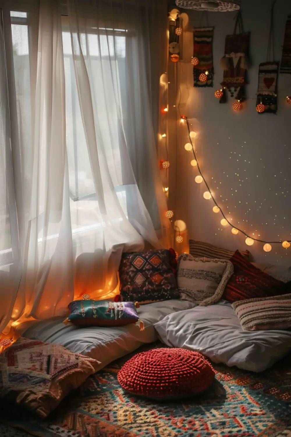 Boho style reading nook with plush cushions and sheer curtains