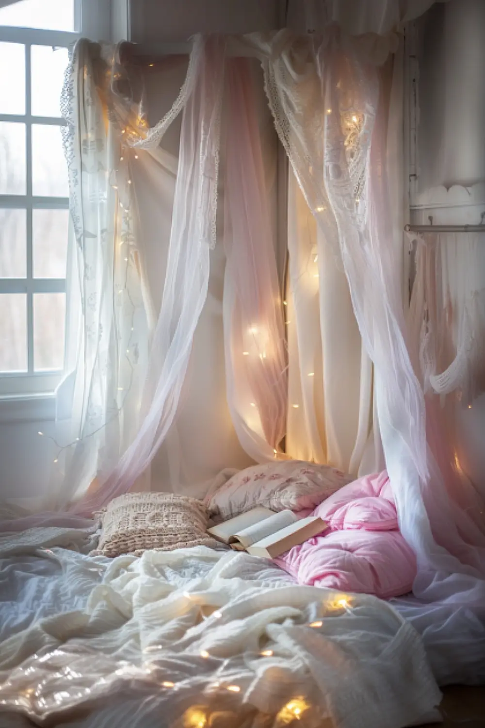 Ethereal boho reading nook with fairy lights and soft drapes