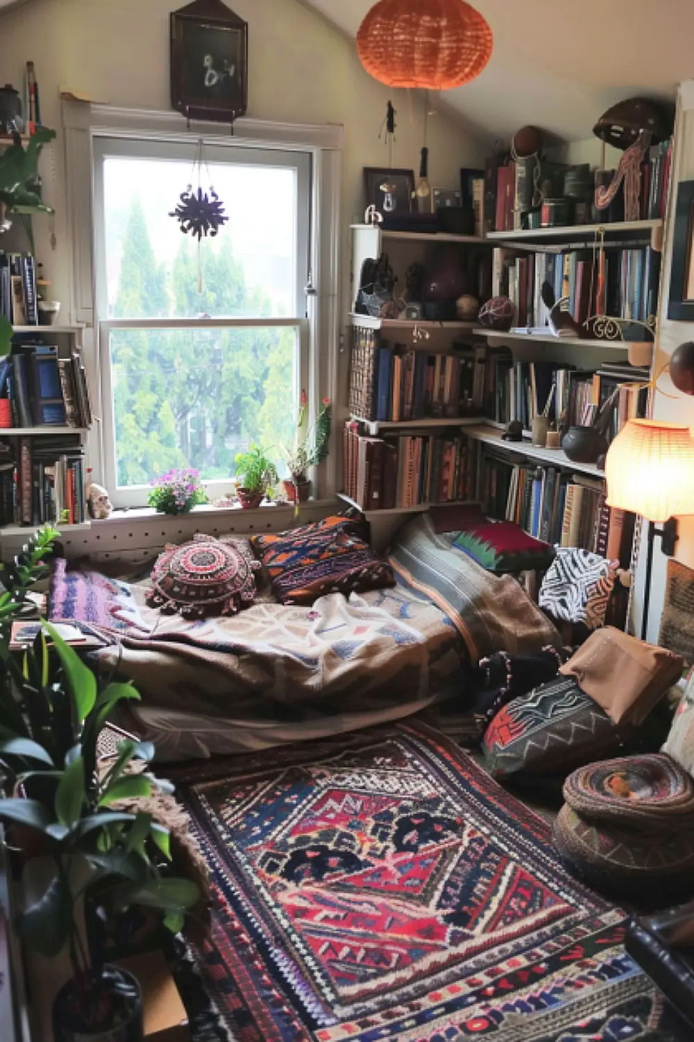 Global fusion boho reading nook with diverse cultural elements