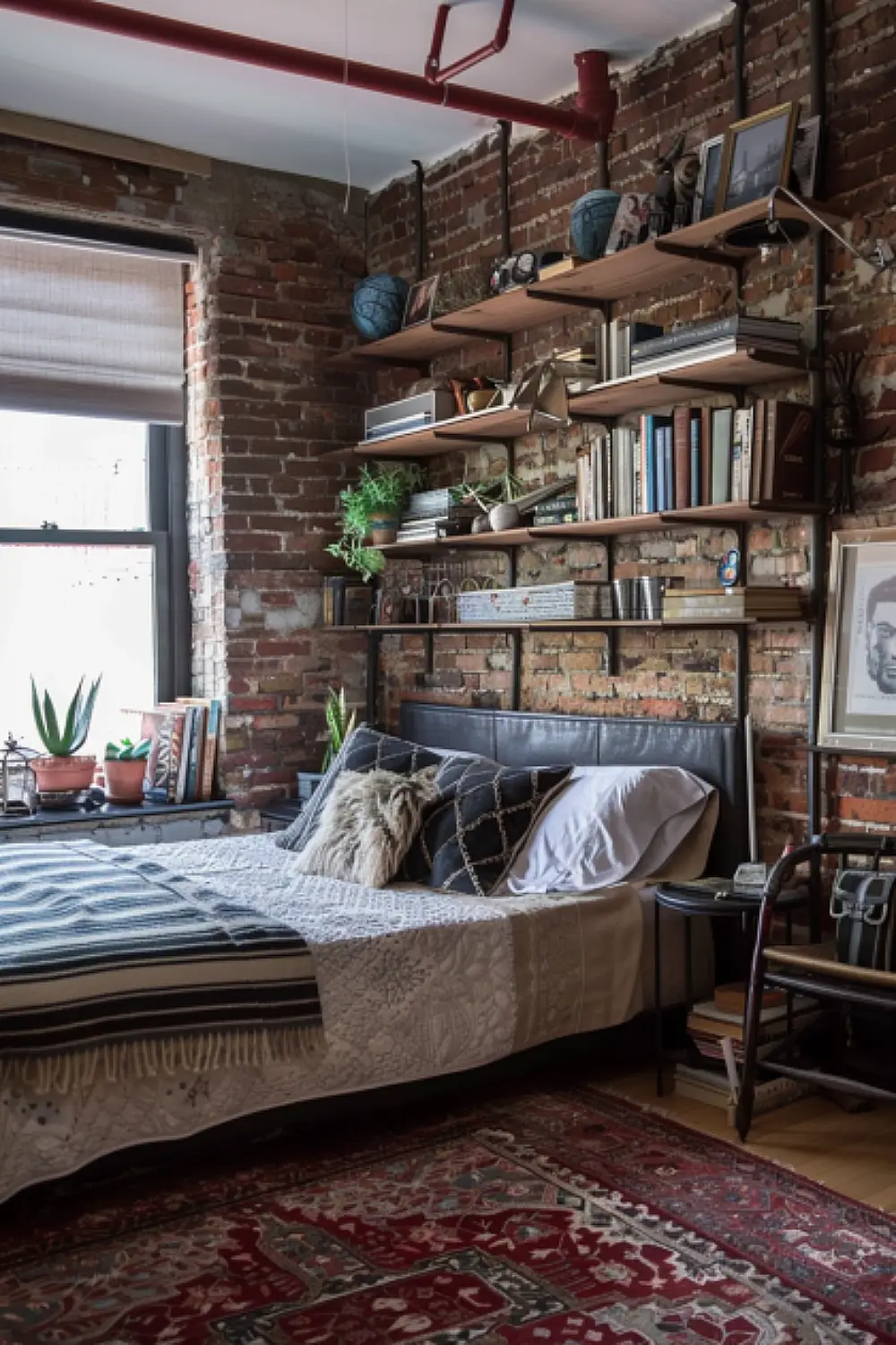 Industrial edge boho reading nook with exposed brick