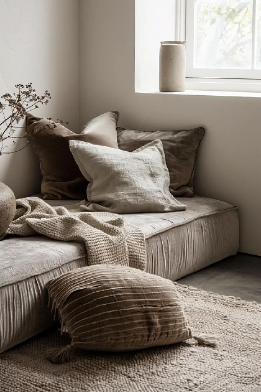 Minimalist boho reading nook in neutral tones