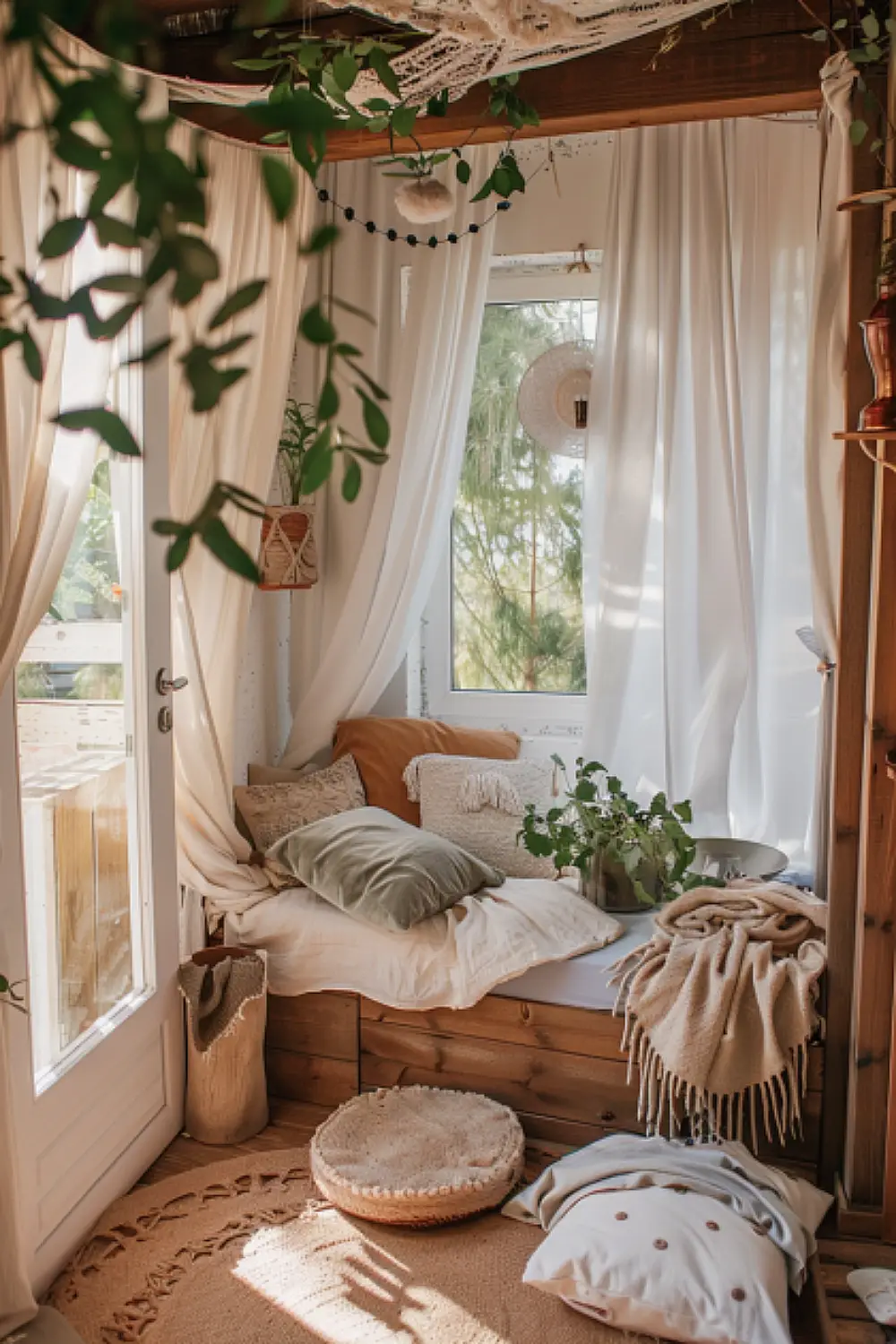 Nature-inspired boho reading nook with wooden elements and plants