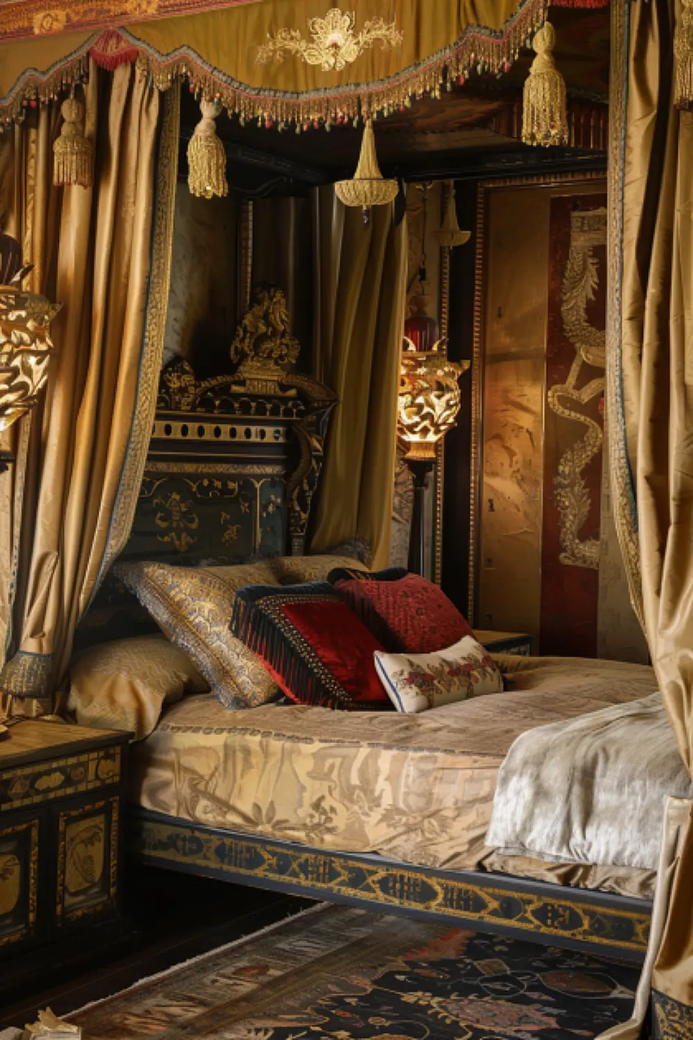 Opulent boho reading nook with luxurious fabrics and golden accents
