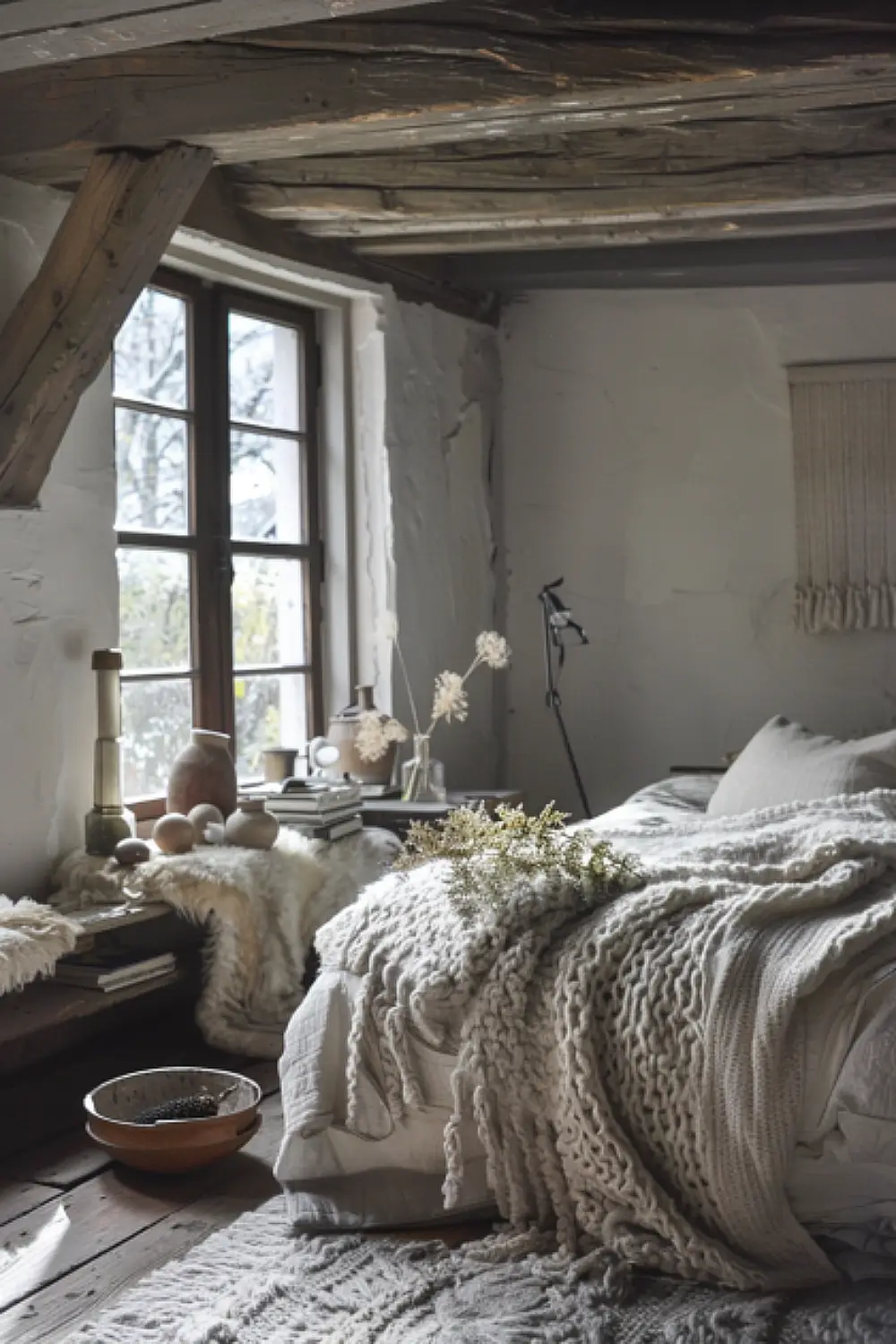 Rustic boho reading nook with wood beams and cozy throws