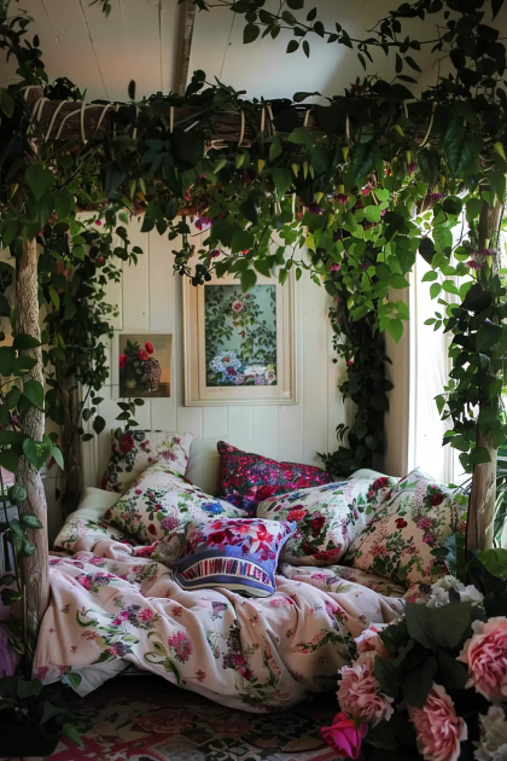 Secret garden boho reading nook with floral prints and vines