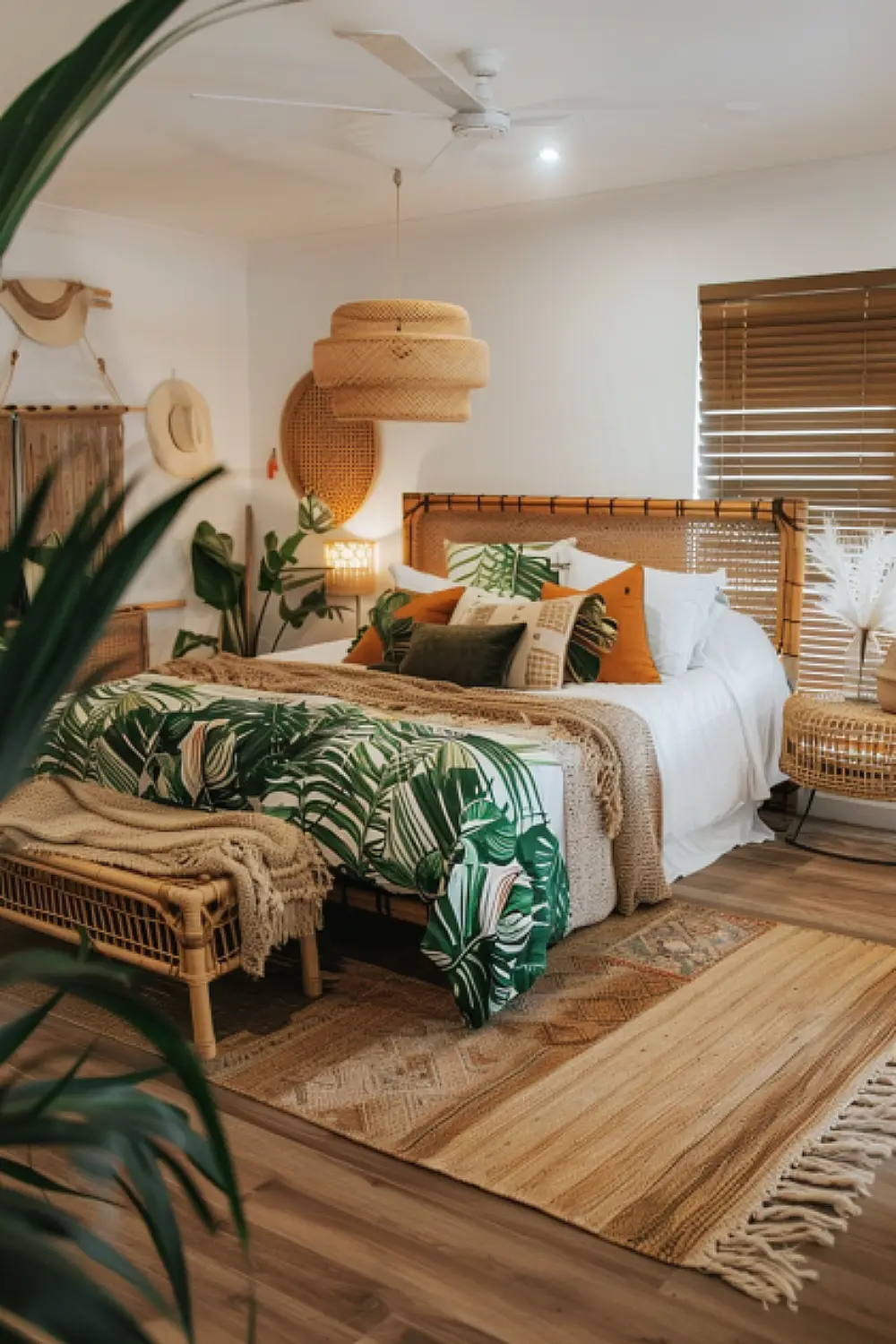 Tropical themed boho reading nook with rattan furniture