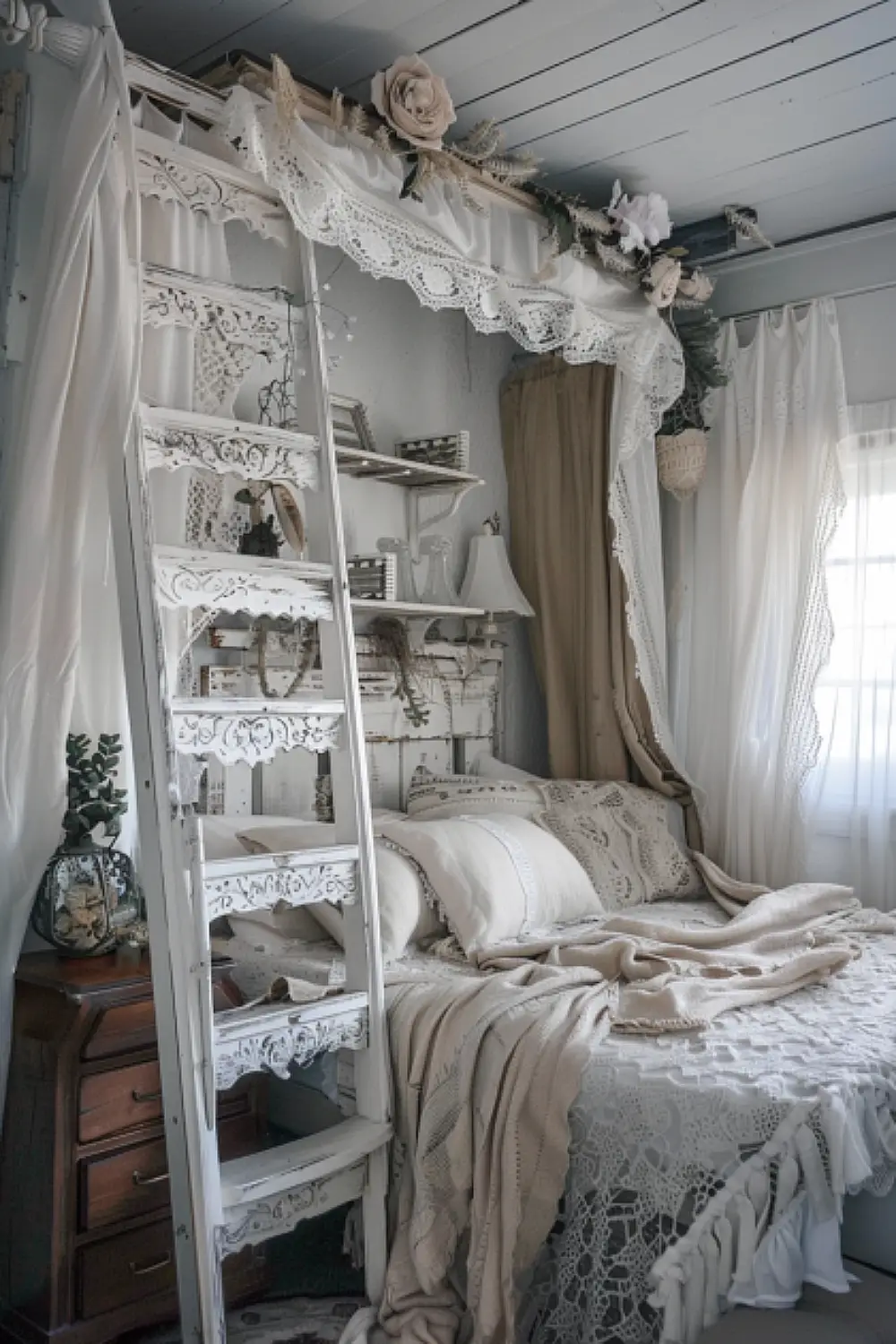 Vintage style boho reading nook with ladder shelf and lace accents