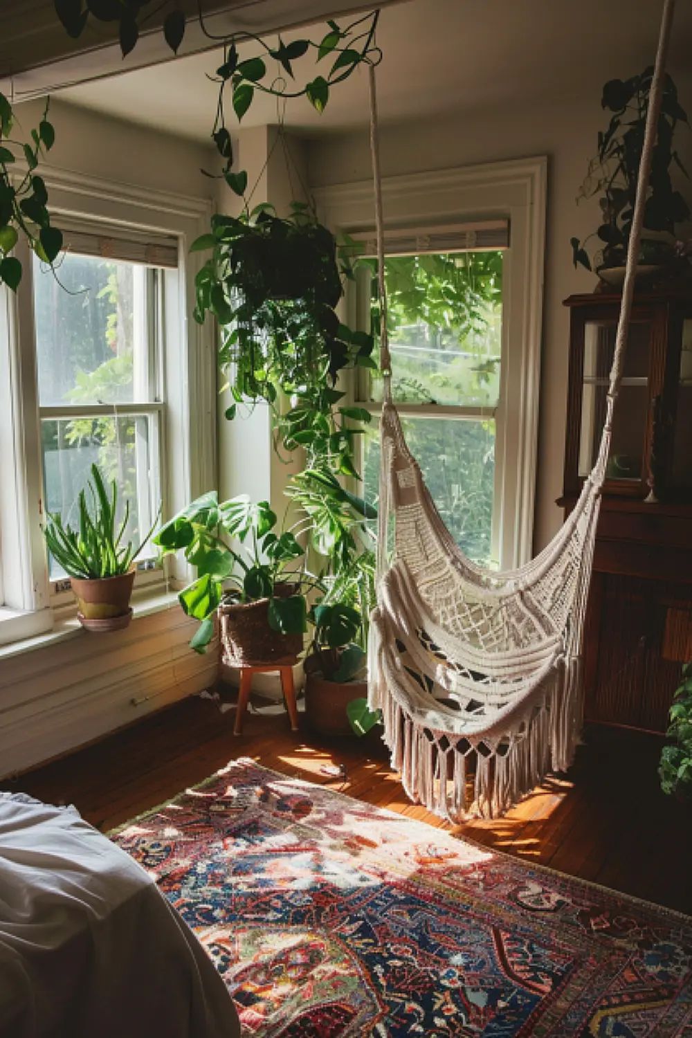 Macrame chair in boho style reading nook by the window