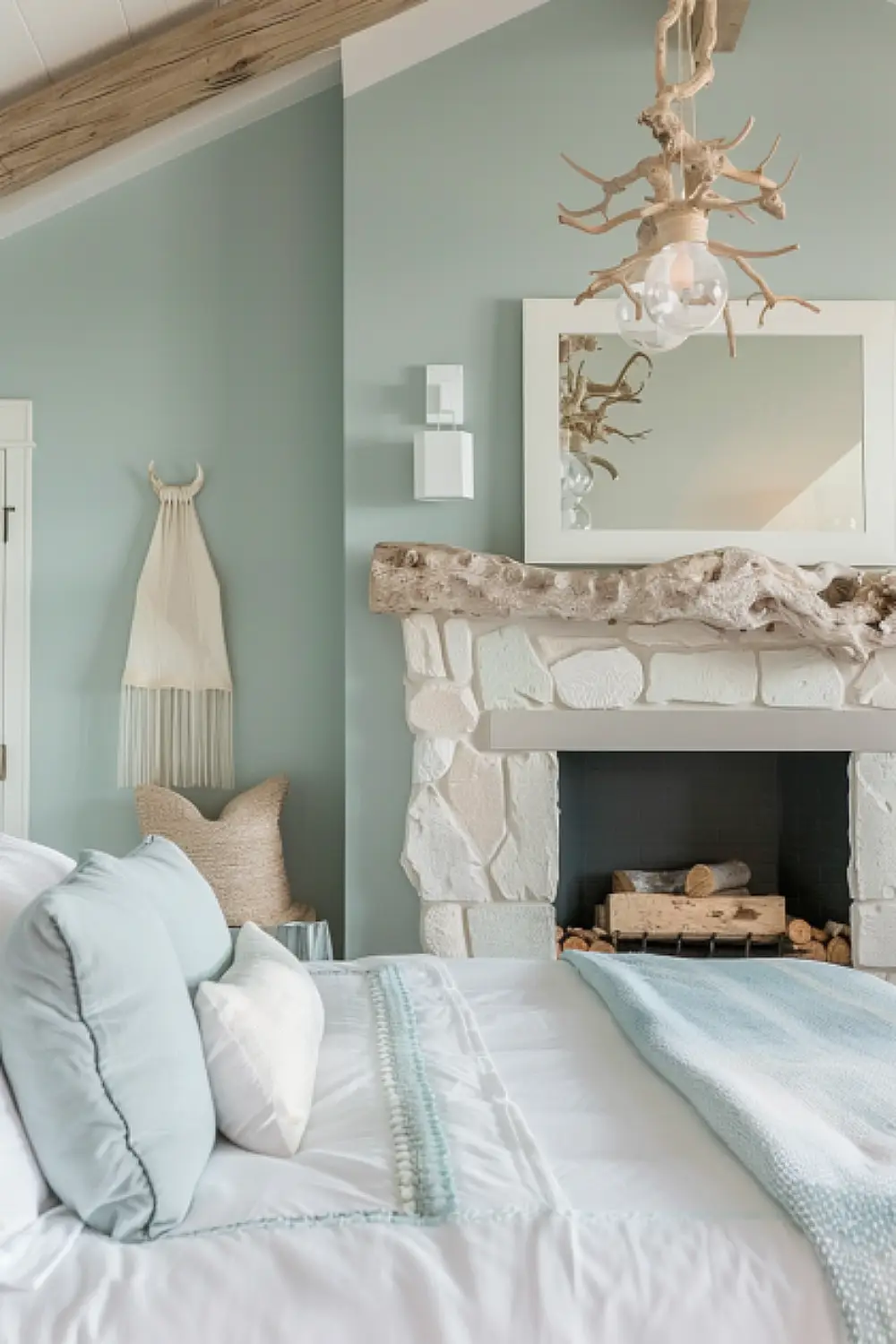 Coastal style fireplace in boho bedroom
