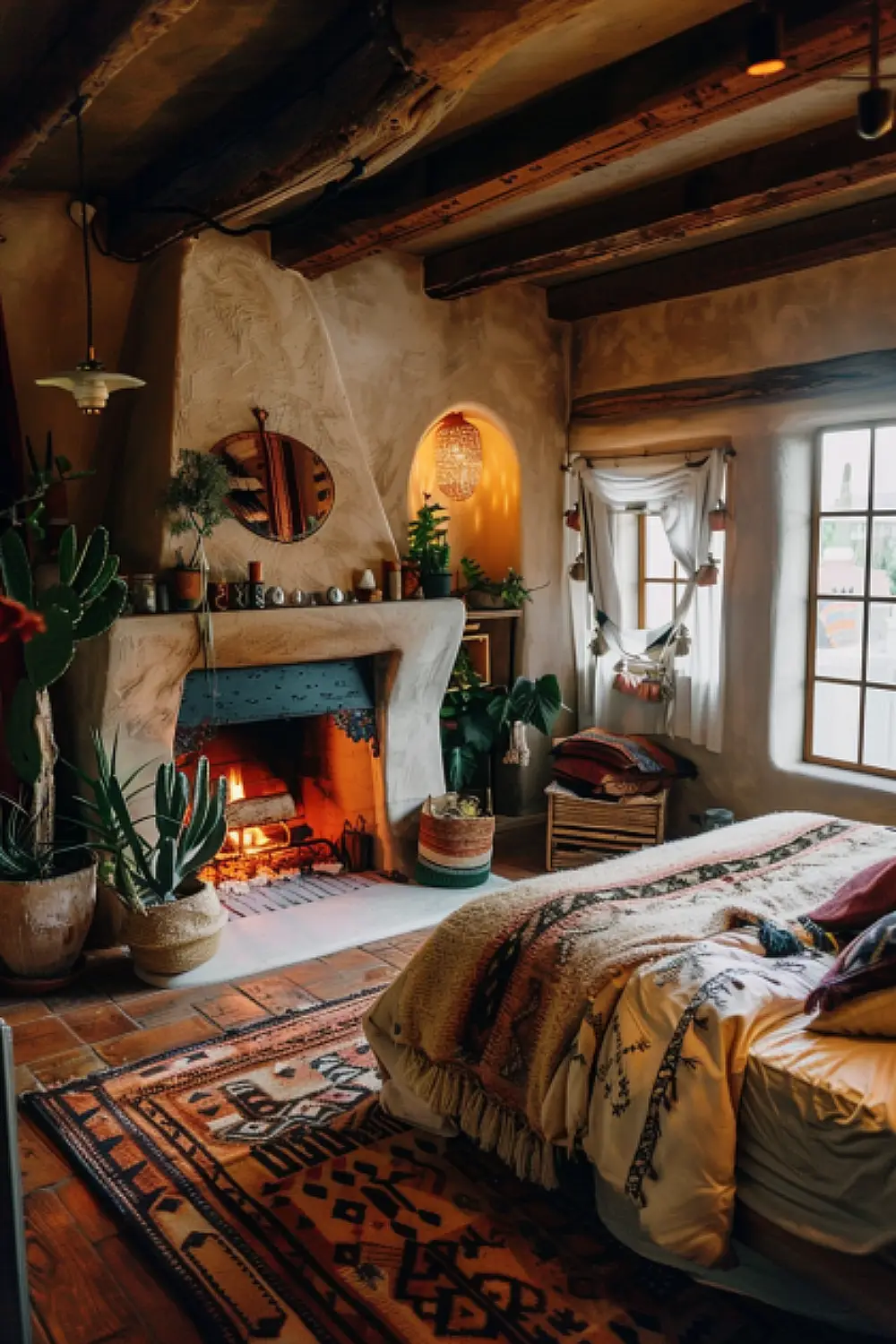Natural wood fireplace in boho bedroom