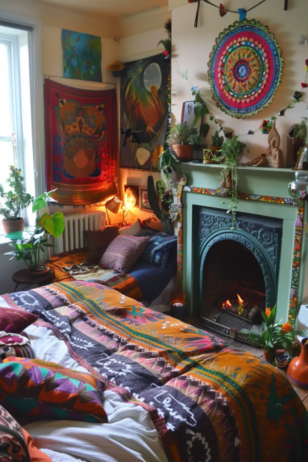 Colorful fireplace in boho bedroom