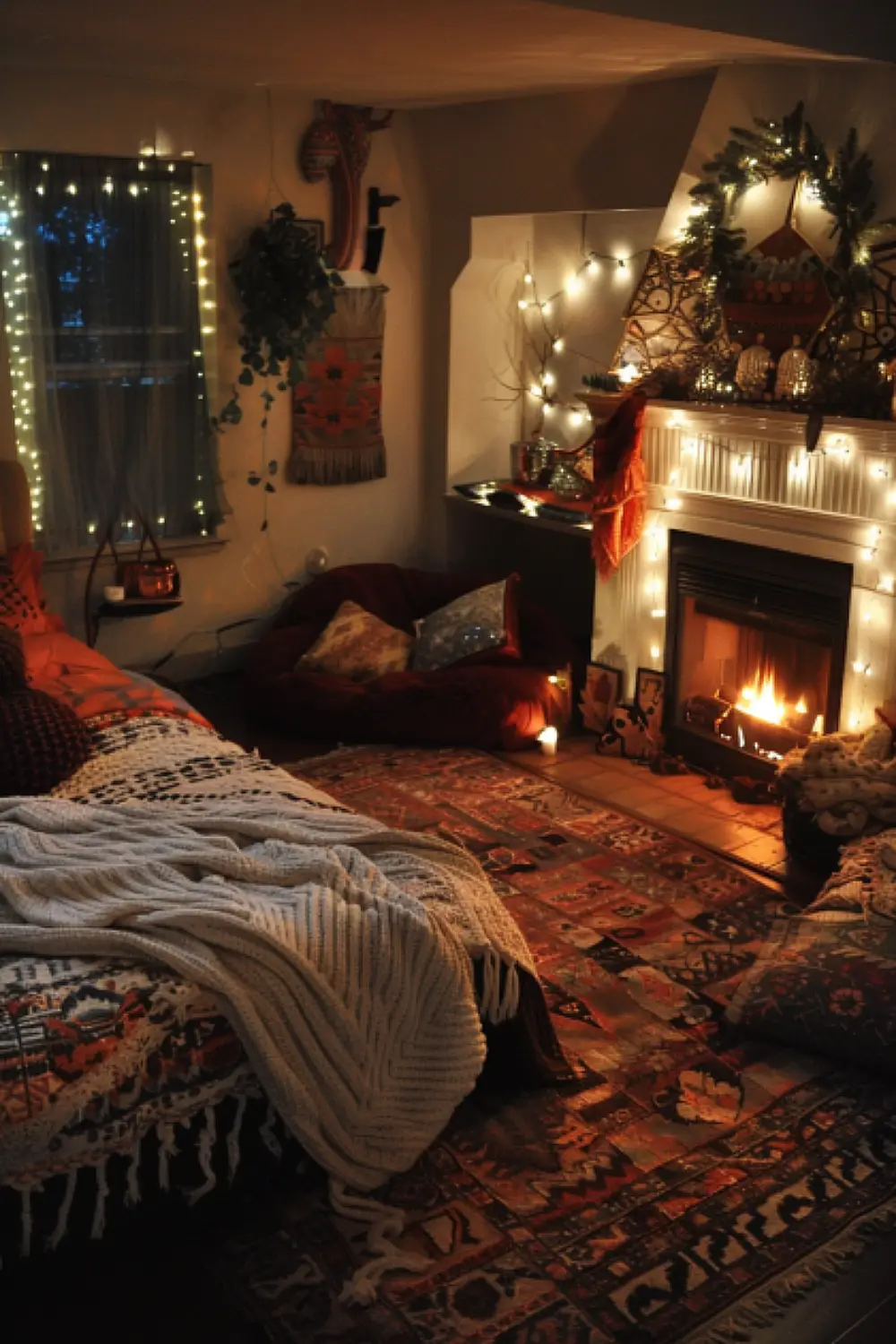 Festive decorated fireplace in boho bedroom