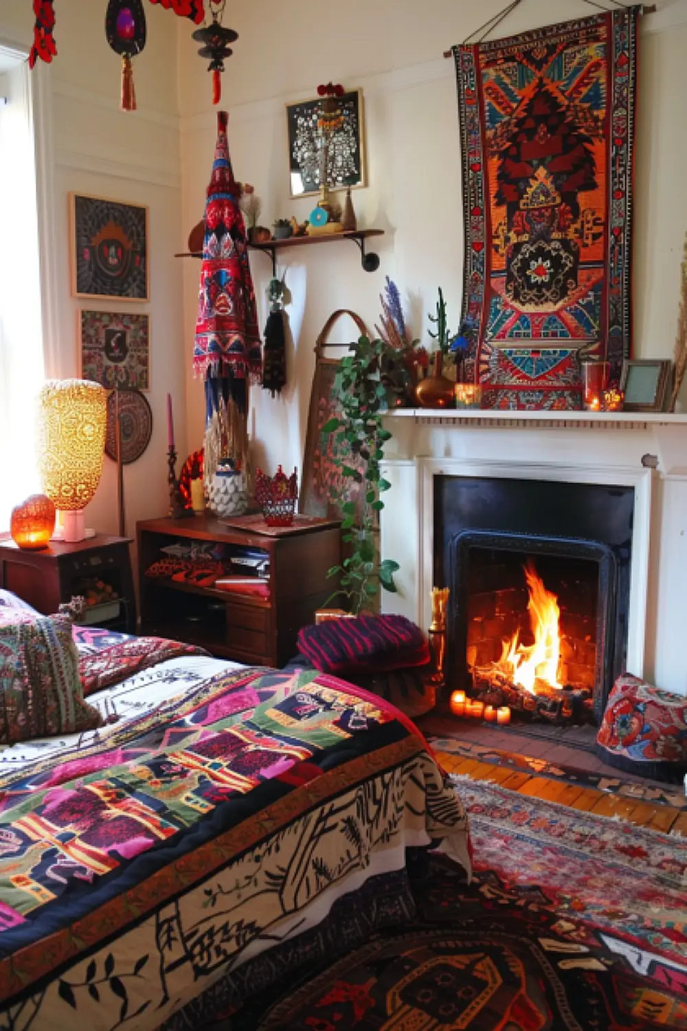Boho bedroom with fireplace and artful decor