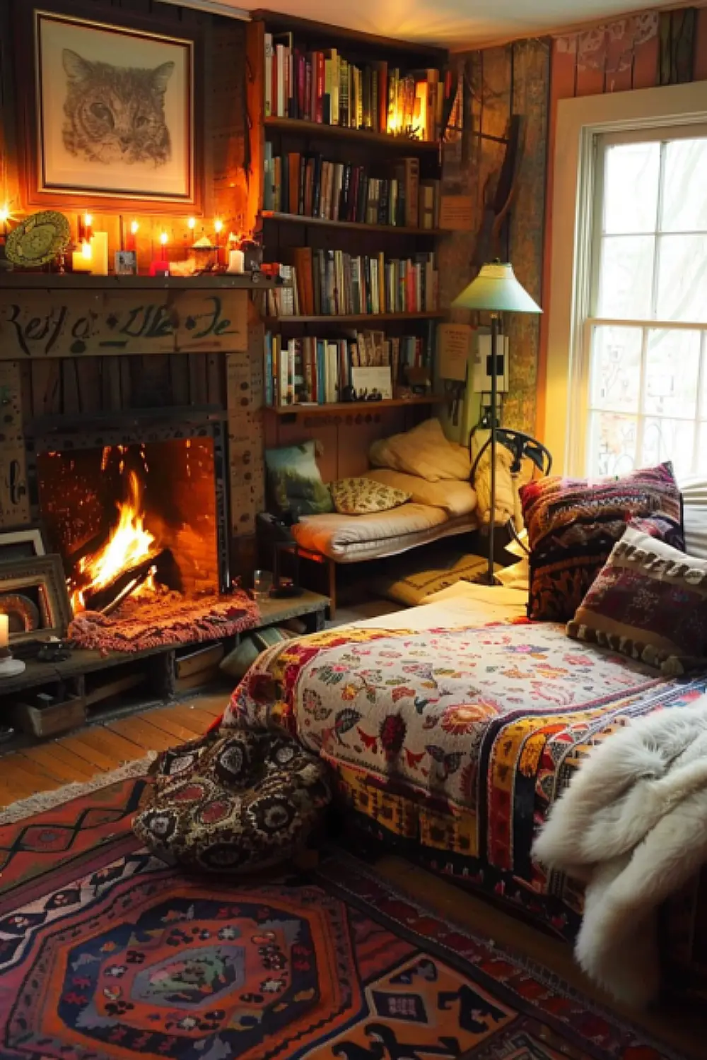 Fireplace with bookshelves in boho bedroom