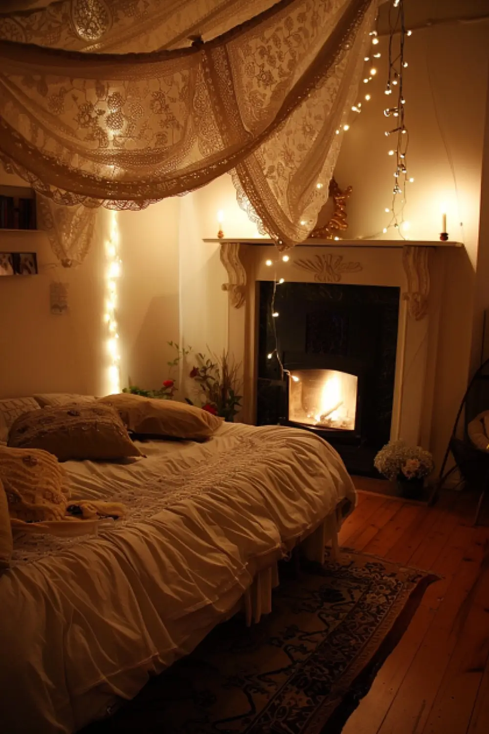 Boho bedroom with canopy and fireplace