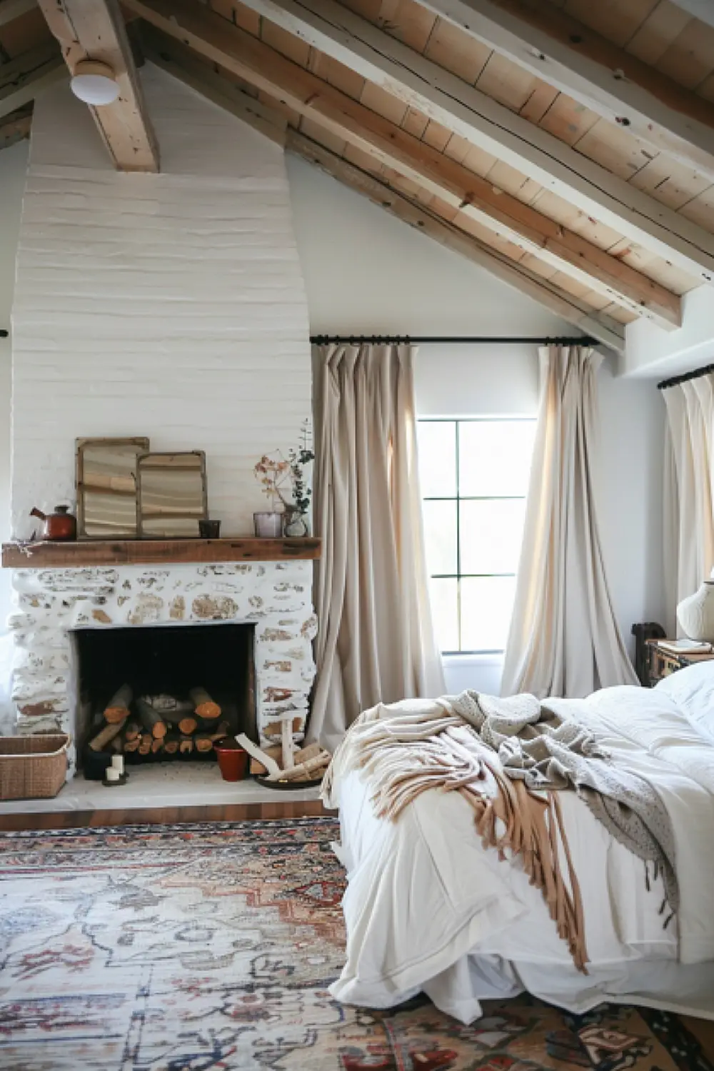 Boho bedroom with curtains and fireplace