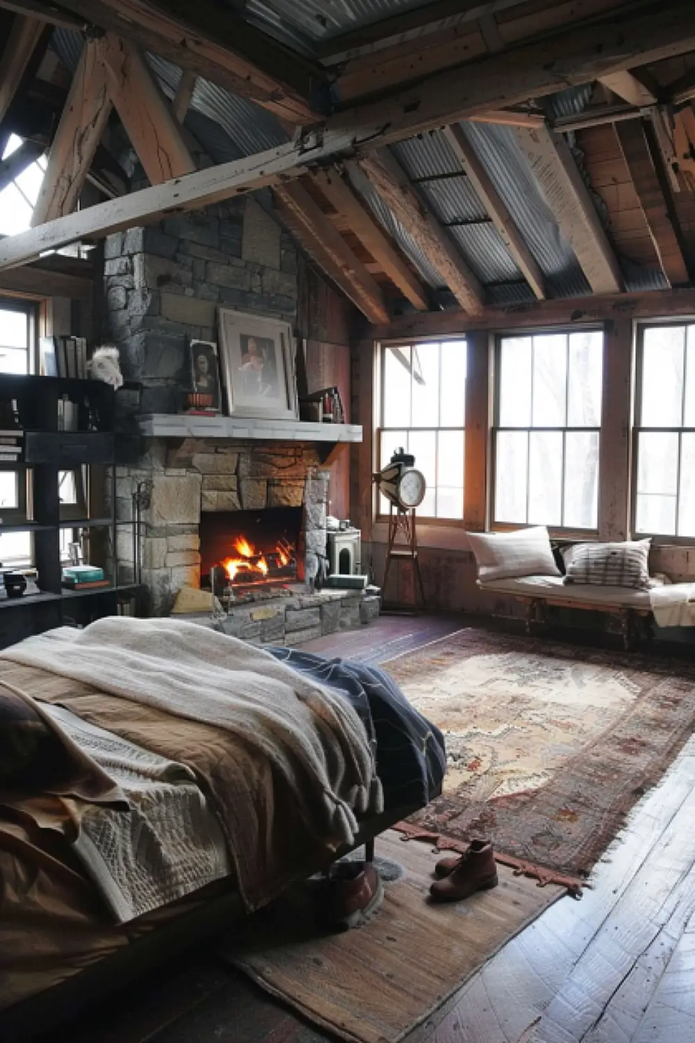 Industrial style fireplace in boho bedroom