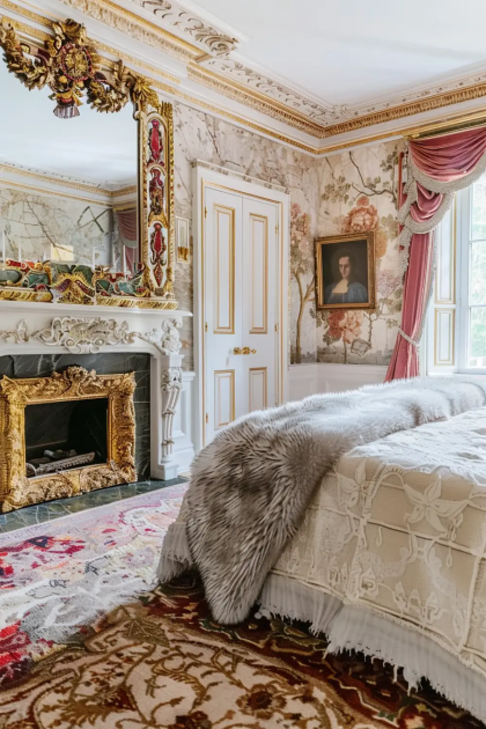 Luxurious marble fireplace in boho bedroom