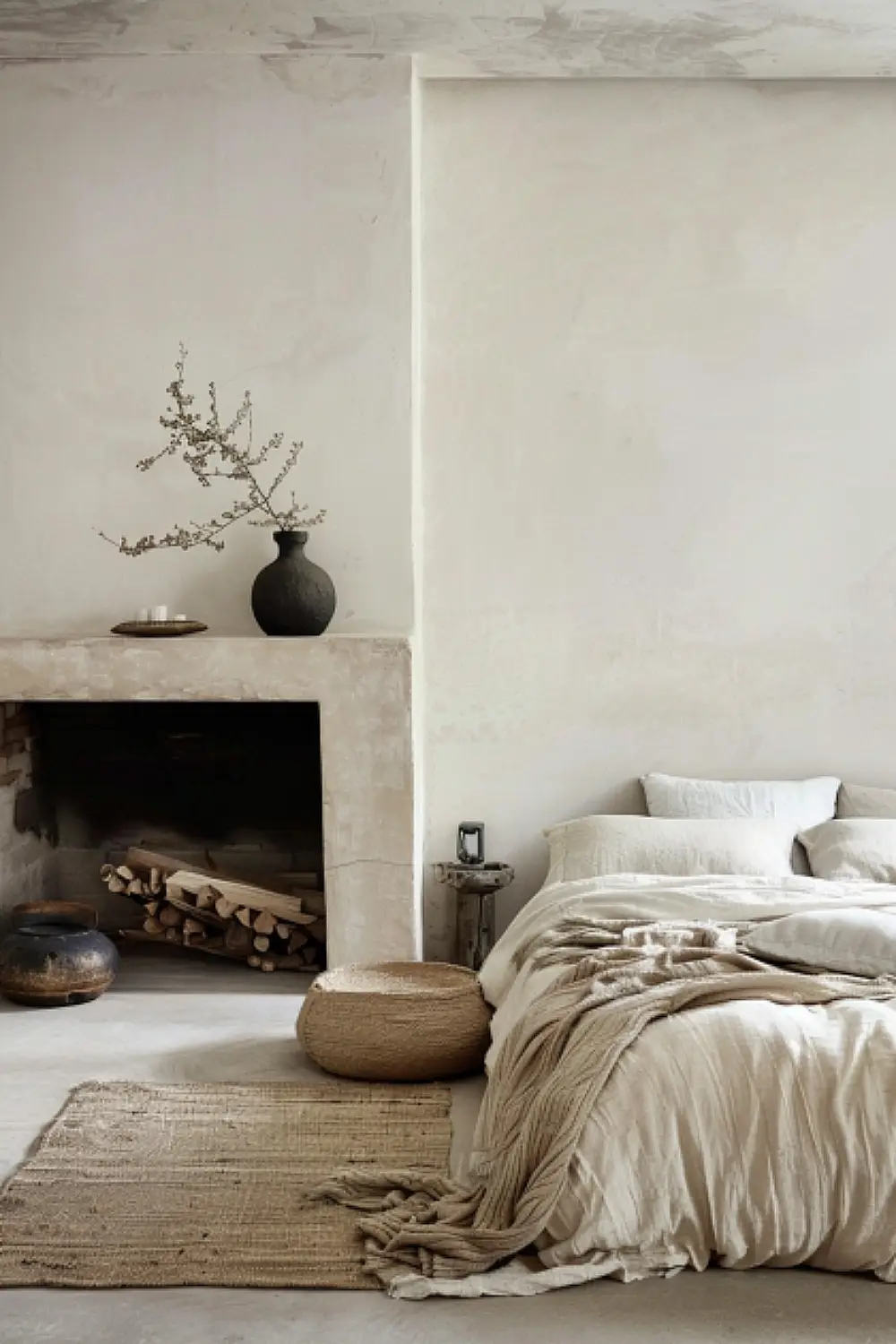 Minimalist fireplace in boho bedroom
